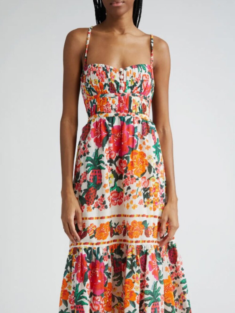 FARM Rio Floral Sketch Tiered Cotton Midi Dress | L